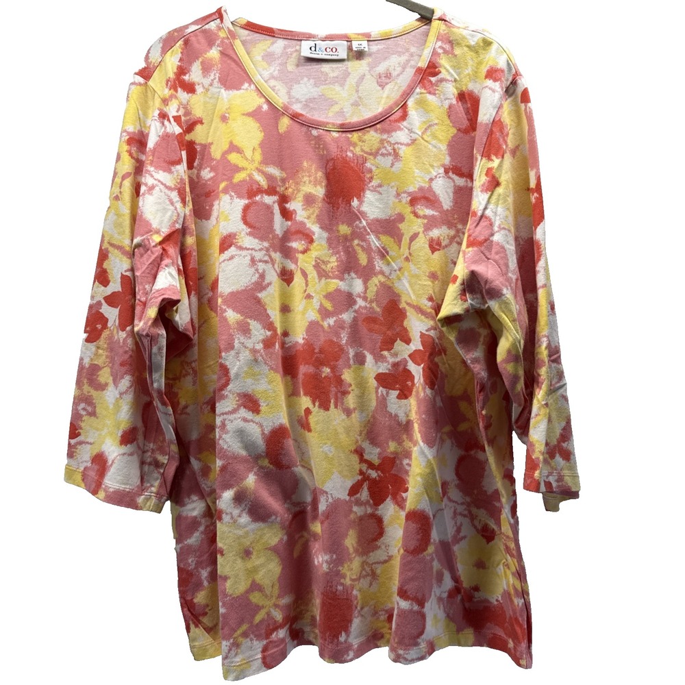 Denim & Co Women's Top Size 1X Plus Pink Yellow Artsy Floral 3/4 Sleeve Pullover